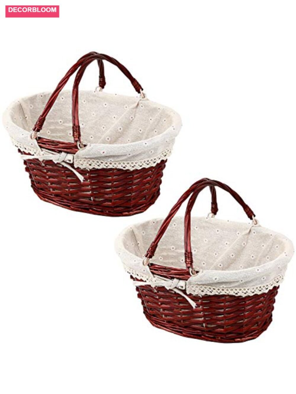 2 Pack Wicker Woven Baskets with Handle Cotton Linen Lining Storage Picnic